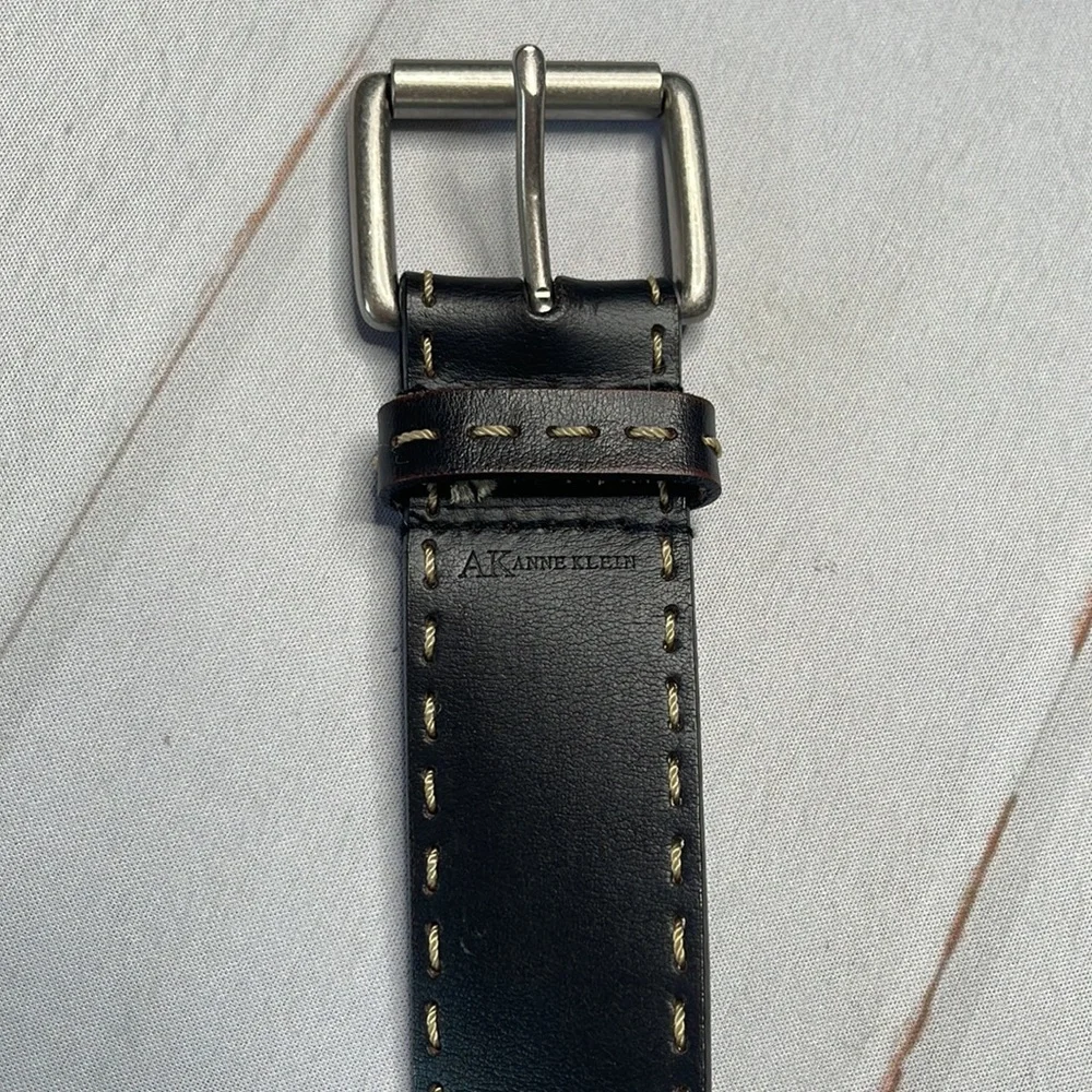 Anne Klein L Belt Black Exposed Stitching Large Ladies Leather Silver Hardware - Picture 2 of 13